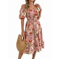 thumbnail image 2 of Women's Ruffle Off Shoulder Floral Midi Smocked Flowy Long Dresses Dress for Summer Spring Beach Pink S, 2 of 10