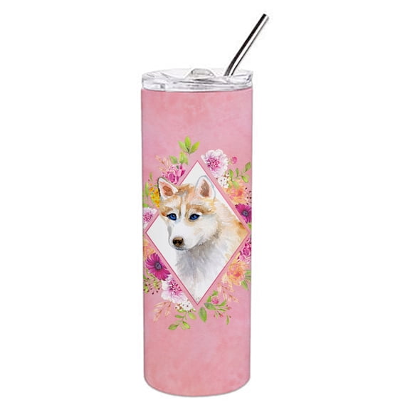 Carolines Treasures CK4148TBL20 Red Siberian Husky Pink Flowers Stainless Steel 20 oz Skinny Tumbler 20 oz multicolor