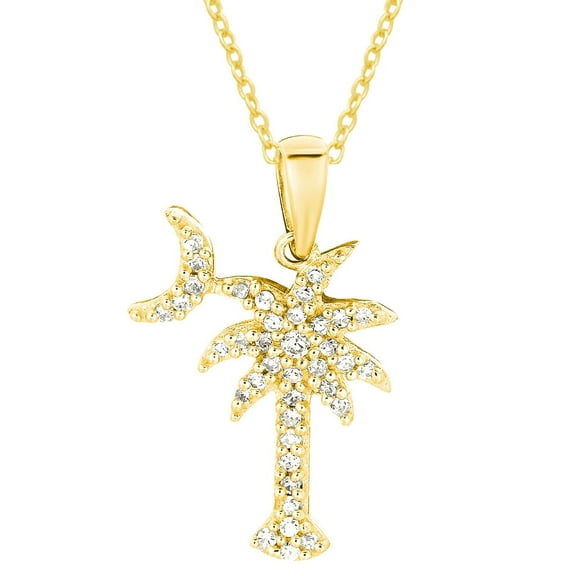 Sterling Silver Gold-Plated Palmetto Moon Tree Pendant Necklace with Cubic Zirconia, 18-Inch Chain