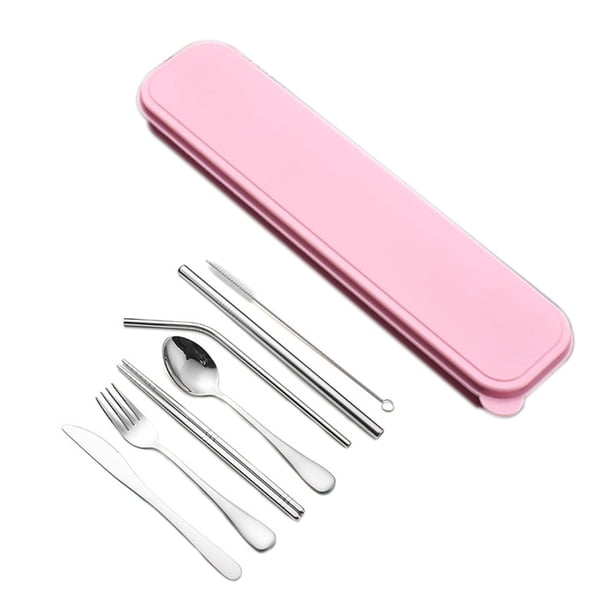 Soidarity Juego de vajilla de Metal Elenxs, venta al por mayor, cuchara de paja de acero inoxidable, tenedor, palillos, cepillo de limpieza con Kit, Kits de desorden para acampar rosado Soidarity HW5603-01