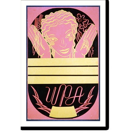 Historic Print, [WPA poster design on red background showing the head and hands of a woman holding flowers and wheat above a banner], 16" x 20"