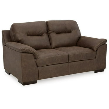 Ashley Furniture Maderla Faux Leather & Wood Loveseat in Walnut Dark Brown