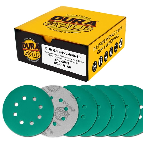 Dura-Gold Premium 800 Grit 5" Green Film Sanding Discs, 8-Hole Pattern, Box of 50 - Dustless Hook & Loop Backing Sandpaper for DA & Random Orbital Sanders, Sand Automotive Paint Woodworking Furniture