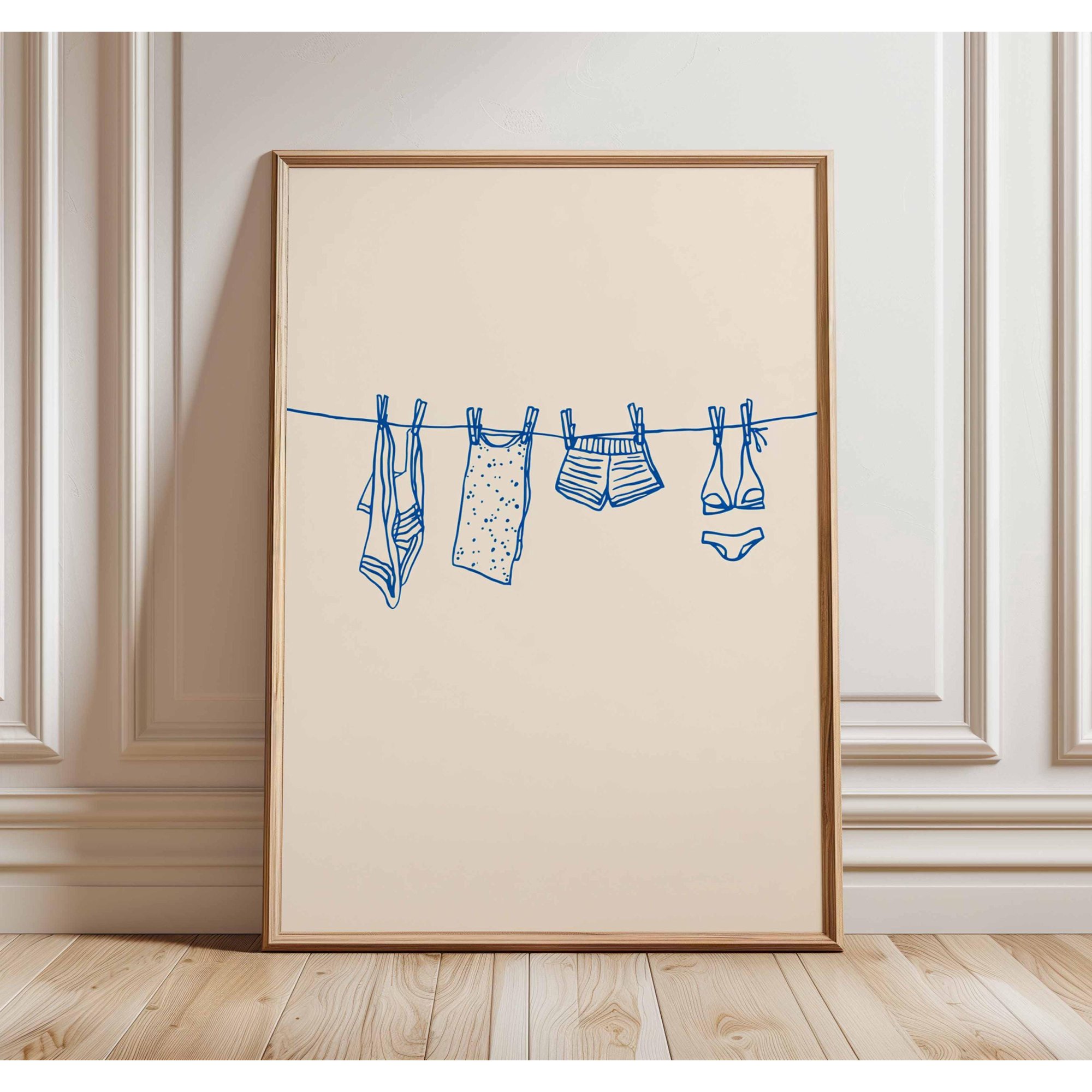 Clothesline Wall Art Print, Minimalist Laundry Poster, Coastal Summer Artwork, Simple Blue Line, Poster Only