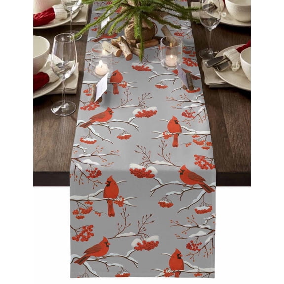Christmas Table Runner Cardinal Bird Red Berry Table Runners Snowy Grey Cotton Linen Dresser Scarf Kitchen Dining Table Decor for Christmas Holiday Party Decor 13x36 Inch