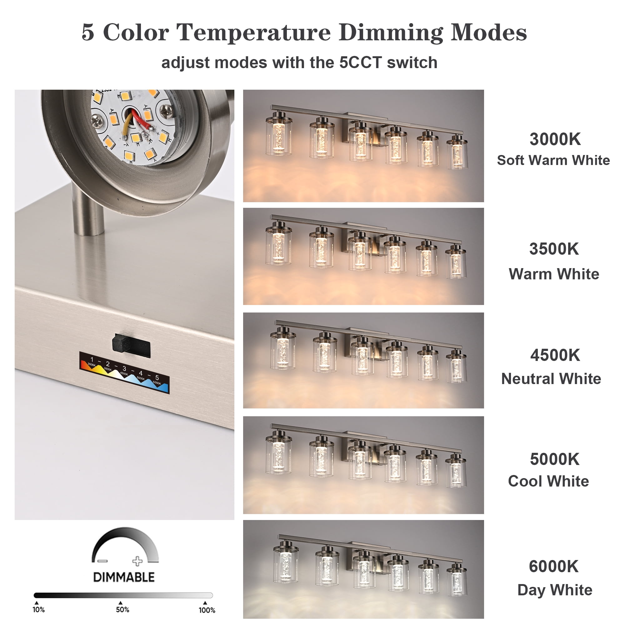 Melucee 5CCT Dimmable LED Brushed Nickel Vanity Lights 5-light, Modern Vanity Lighting Fixtures with Crystal Light Columns and Clear Glass for Bathroom Bedroom