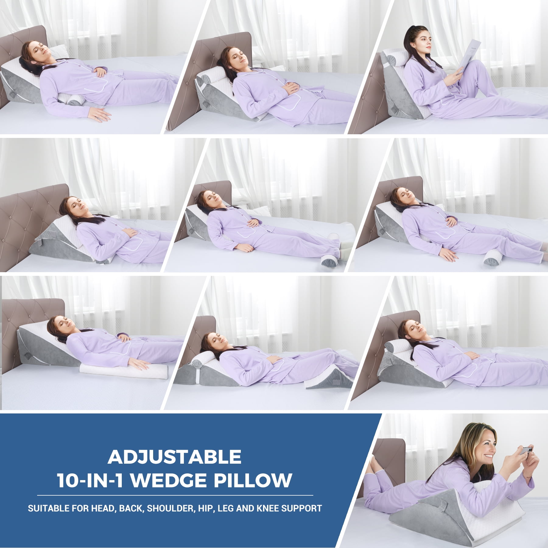 3Pcs Orthopedic Bed Wedge Pillow Set for Sleeping, Folding Foam Triangle Pillow with Headrest for Leg Elevation, Sleep Apnea, Acid Reflux, Snoring, Adjustable Incline Cushion with Washable Cover