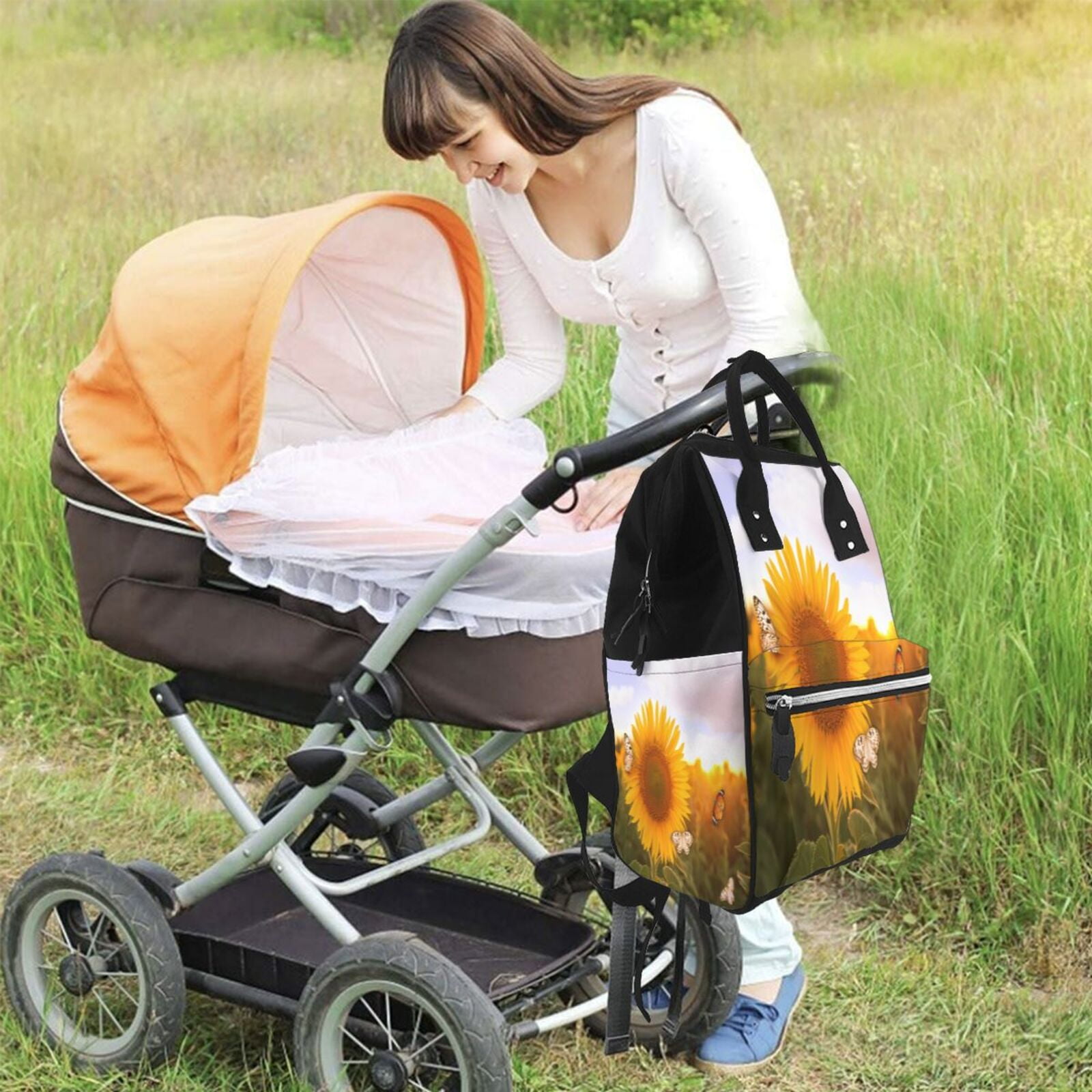 Fuzoiu butterflies flying near sunflower in field Print Diaper Bag Backpack,Baby Essentials Travel Tote,Multi function Waterproof Diaper Bag, Travel Essentials Baby Bag - Unisex