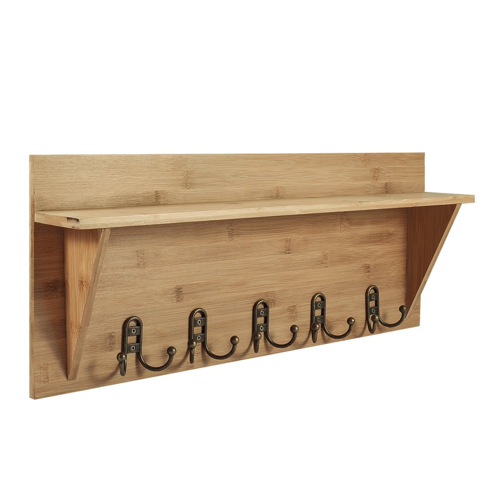 Coat Rack Shelf w/ 5 Metal Hooks 24" Wall Mounted Wooden Clothes