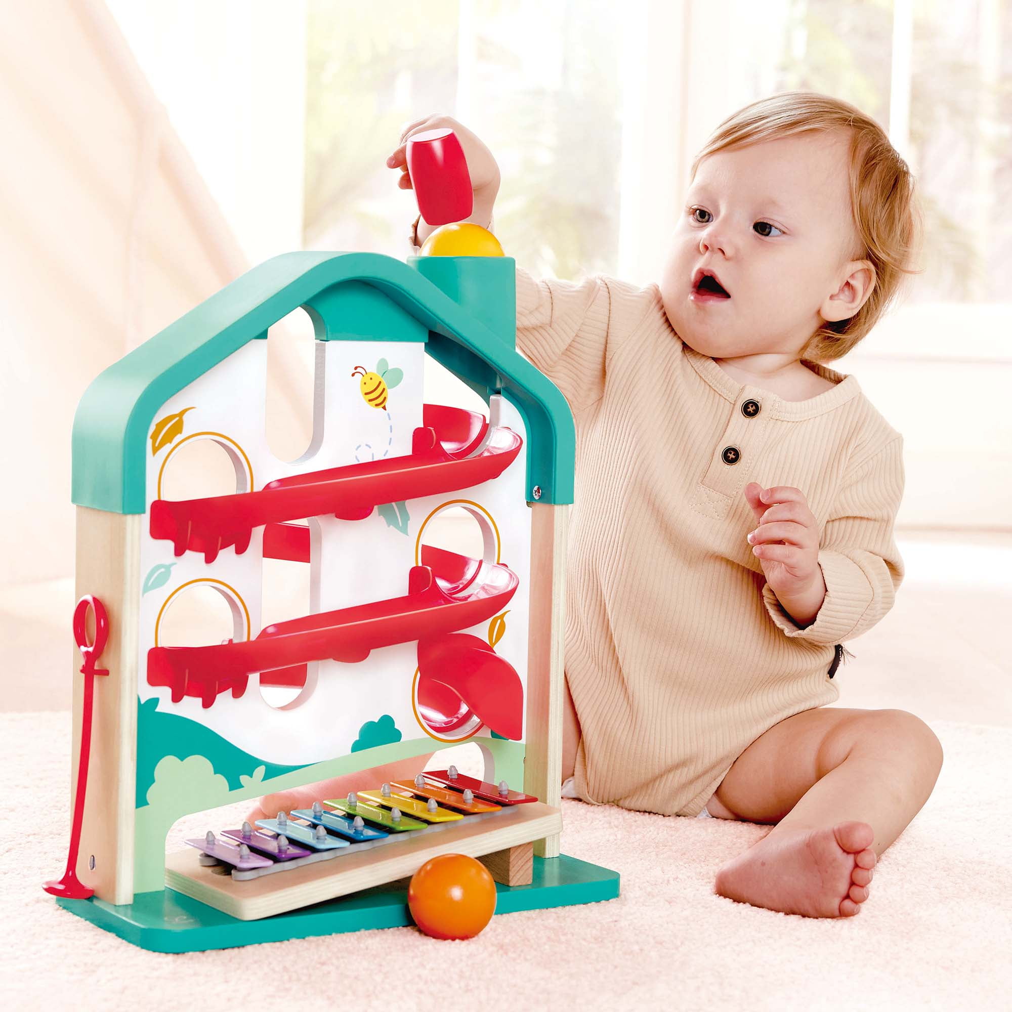 Hape: Melody Mansion Ball Run - Colorful Wooden Toy With Removable Xylophone Musical Instrument, Hands On Ball & Sounds Toy, Baby-Toddler-Kids Ages 1+