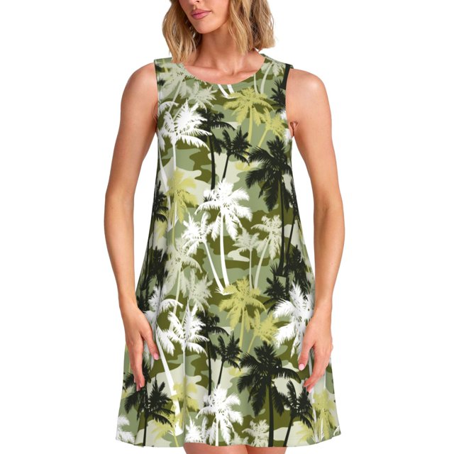 Xecao Palmiers Hawaïens pour Robes d'Été pour Femmes Robes Décontractées de Plage Sans Manches T-Shirt Robe Évasée avec Poches