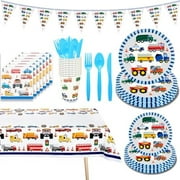 91 Pcs Vehicles Party Supplies Traffic Cars Trucks Transportation Paper Plates, Cups, Napkins, Banner, Tablecloth, Traffic Jam Transport Vehicle Party Decorations for Kids Boys