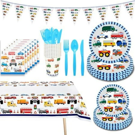 91 Pcs Vehicles Party Supplies Traffic Cars Trucks Transportation Paper Plates, Cups, Napkins, Banner, Tablecloth, Traffic Jam Transport Vehicle Party Decorations for Kids Boys