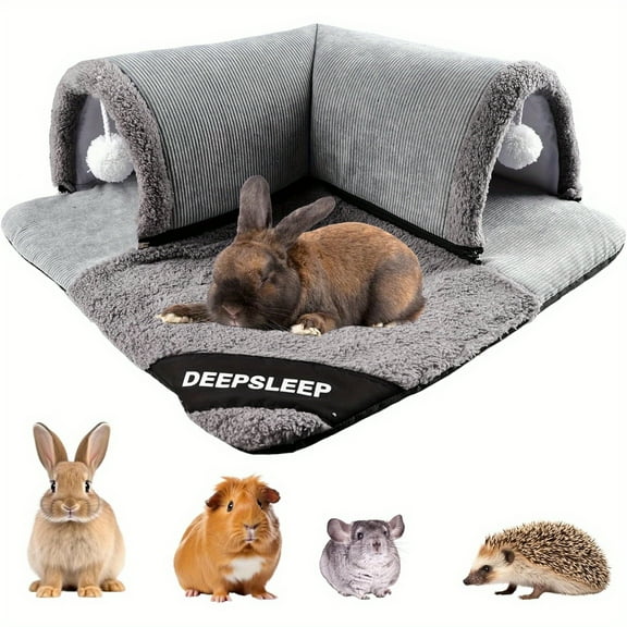 Rabbit Supplies & Guinea Pig Tunnel Bed - Jumbo Plush Tunnel Bed For Bunnies - Guinea Pigs - Chinchillas, Cozy Hideout With Removable Mat - Large Grey Guinea Pig Accessories - Chew - Resistant Design