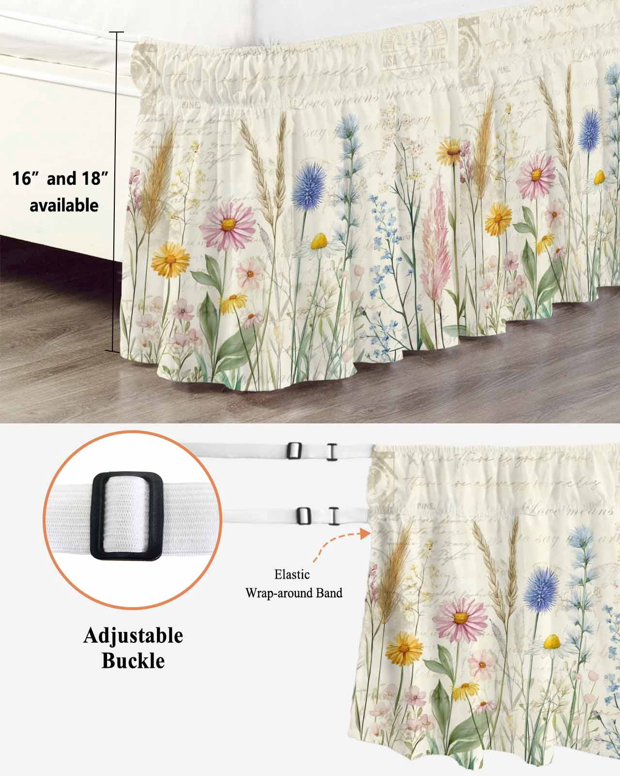 Spring Floral Bed Skirt Queen Size, Summer Flower Botanical Farmhouse Wrap Around Bed Skirting with Adjustable Elastic Strap, Dust Ruffle Pleated Bedskirts 16 Inch Drop for Bedroom Queen Beds
