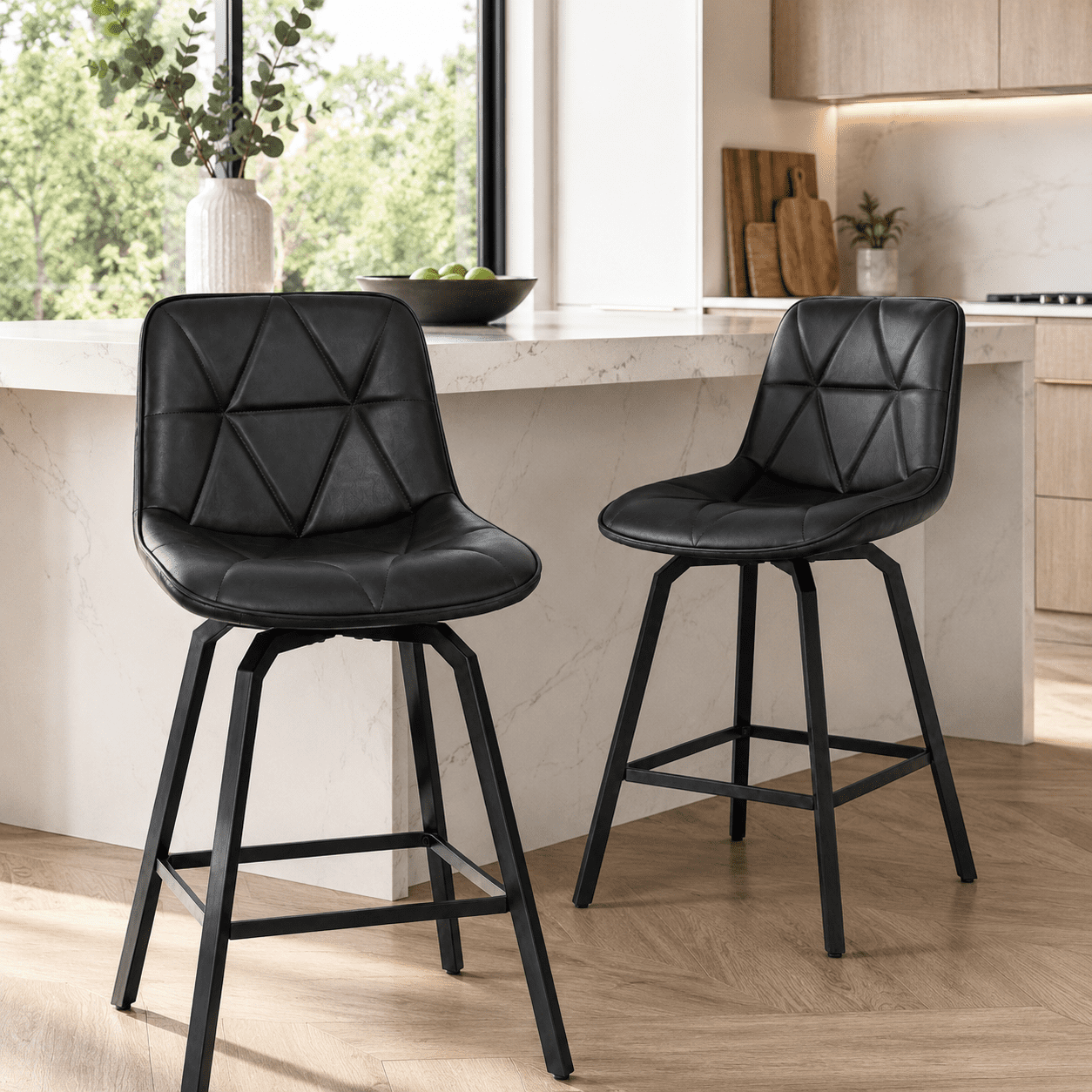 ClinQ 26 inch Swivel Counter Height Bar Stool Set of 2, Faux Leather Seat with Metal Legs and Back, Black