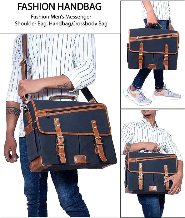 16 Inch Canvas Briefcase Vintage Leather Computer Laptop Book Large Satchel