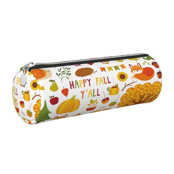 Easygdp HAPPY FALL Y'ALL para Estuche de Lápices Cilíndrico de Cuero con Cremallera, Organizador de Lápices de Cuero para Escuela, Oficina y Viajes