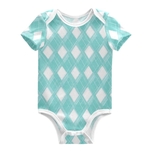 Light Teal and White Plaids Pure Cotton Bodysuit Short Sleeve Pajamas One-Piece Romper Unisex 3 Months