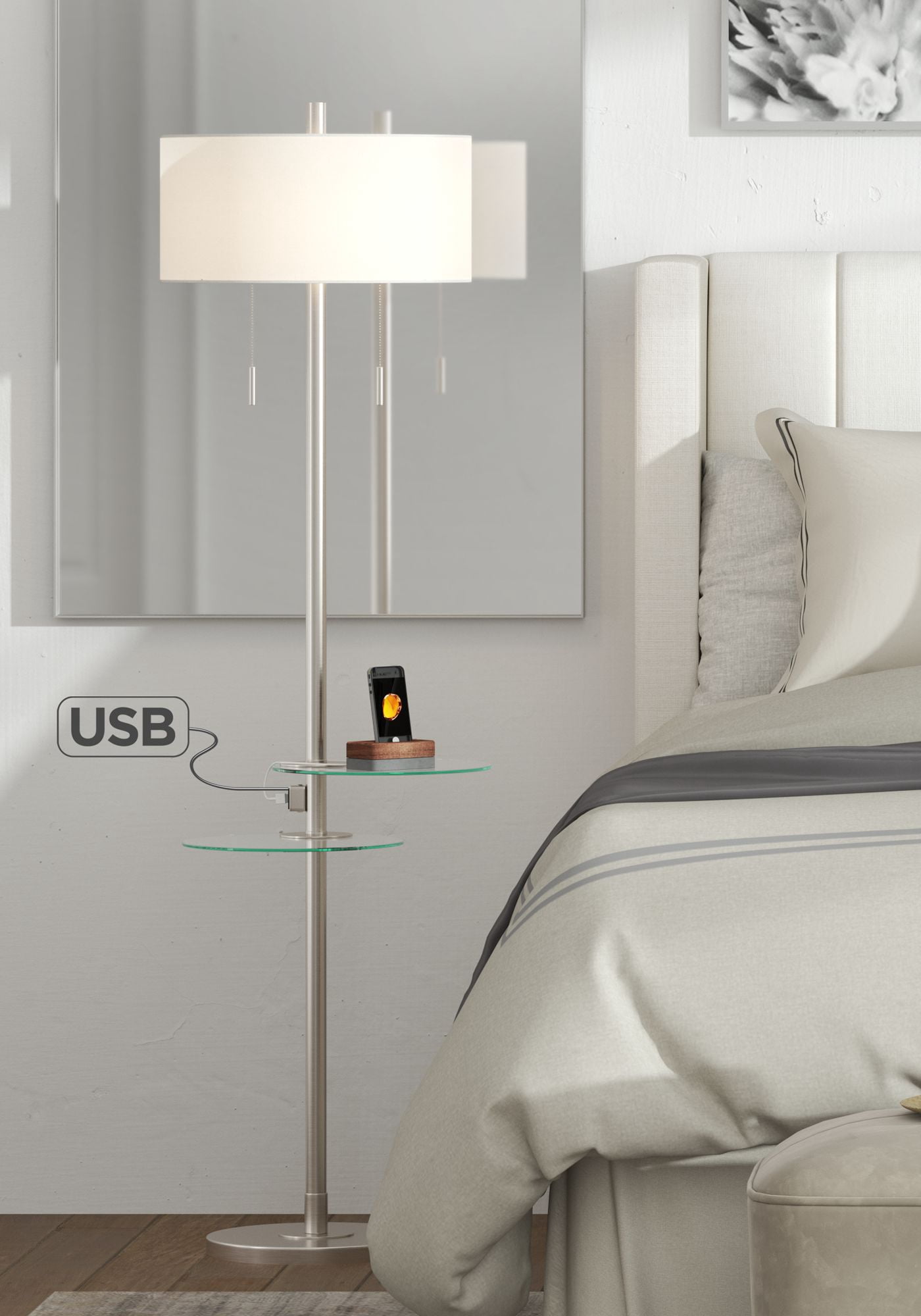 Possini Euro Design Modern Floor Lamp With Dual Tables Swivel Glass USB 