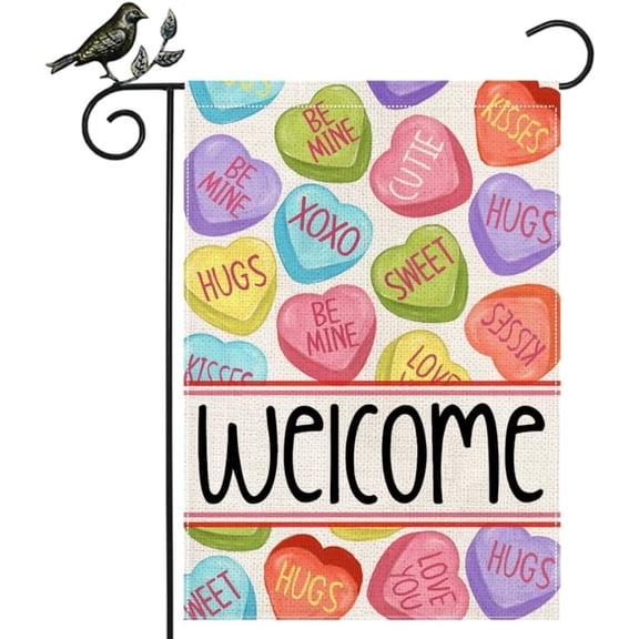 Valentine's Day Welcome Garden Flag 12×18 Inch - Double-Sided Conversation Hearts Design, Weatherproof Polyester Yard Decor for Outdoor Lawn, Patio