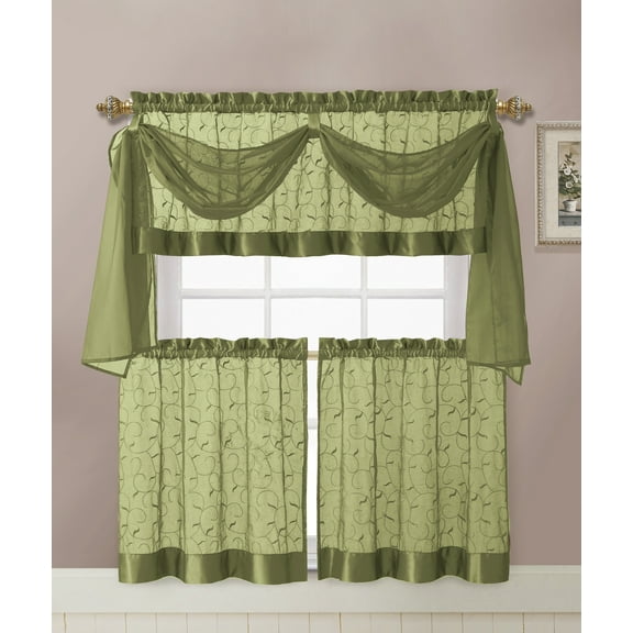 VCNY Home Linen Leaf Embroidered Complete Kitchen Curtain Set - Sage