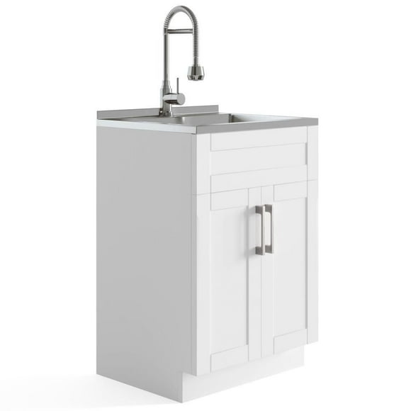 Hartland 24 inch Laundry Cabinet with Faucet and Stainless Steel Sink in White