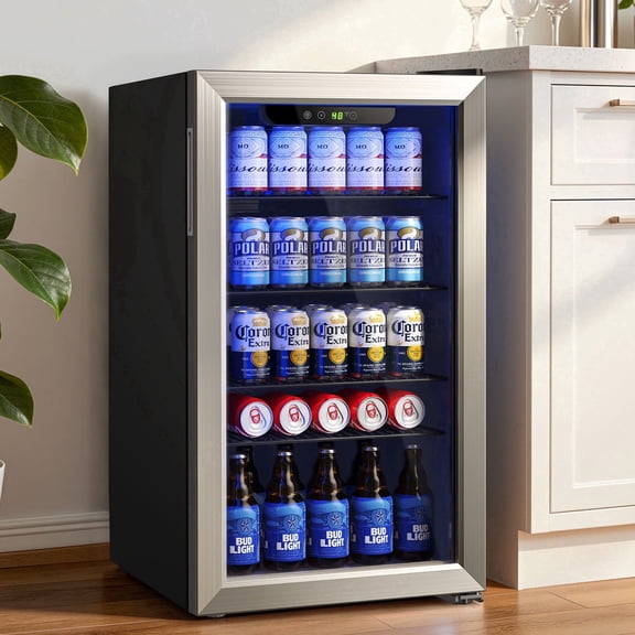 Goosiay 130 Can Beverage Refrigerator & Cooler, Mini Bar Drink Refrigerator with Glass Door, Silver