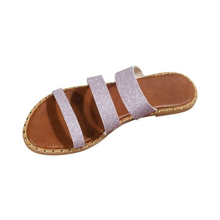 

Slide Sandals for Womens Girls Dressy Summer Beach Wear Bling Rhinestone Cute Open Toes Three Band Flat Sandals Travel Slipper Shoes