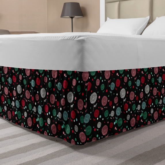 Floral Bed Skirt, Colorful Silhouettes of Chrysanthemum Flowers and Repeated Polka Dots, Elastic Bedskirt Dust Ruffle Wrap Around for Bedding Decor, 4 Sizes, Charcoal Grey Multicolor, by Ambesonne