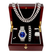 Fully Iced Mens Big Rocks Bezel Color Dial with Roman Numerals, Cuban Chain Bracelet, Cuban Necklace, Tennis Chain & Ring - ST10327CRNT (Blue/Silver - Ring Size 8)