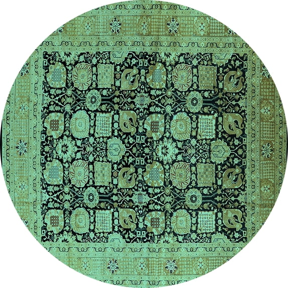 Ahgly Company Machine Washable Indoor Round Oriental Turquoise Blue Industrial Area Rugs, 4' Round