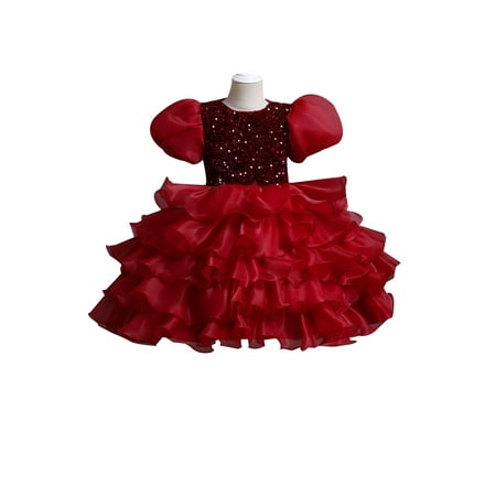 

elfinBE Baby Girl Sequin Puff Sleeve Multilayer Dress Elegant Princess Evening Dress 18-27M 2-9T