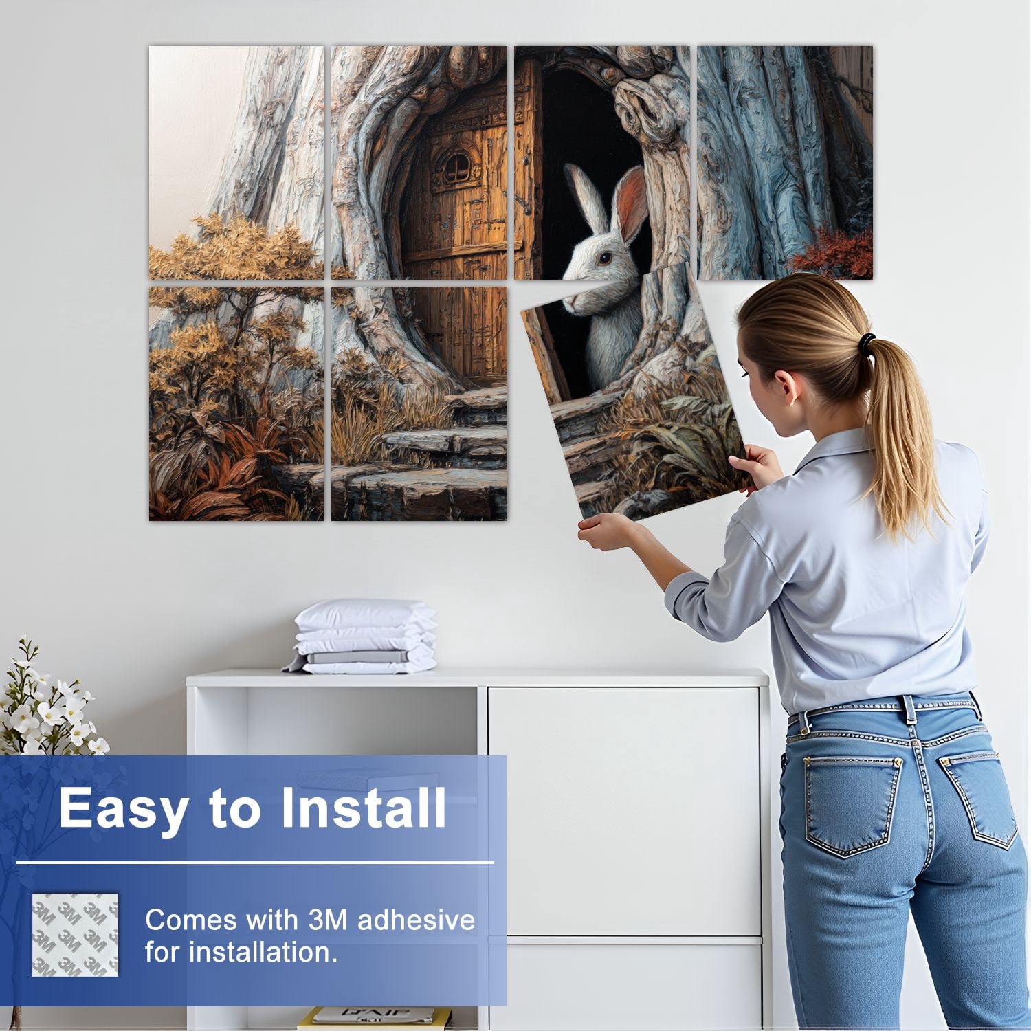 8 Pack Art Acoustic Panels Whimsical Rabbit Fantasy Tree House Forest Rabbit Swing Tree Door Self Adhesive Sound Absorbing Panels for Home Office Studio Media Room 48"x32"
