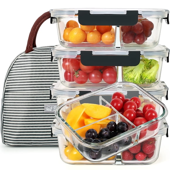 DAS TRUST 5 Pack 36oz Bento Box Meal Prep Containers - 3 Compartment Glass Food Storage Containers with Lids - Oven Safe