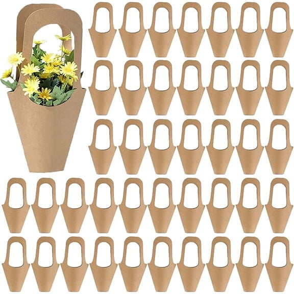 50 Packs Kraft Paper Flowers Gift Bags Brown Hanging Bouquet Wrapping Bags for Home Decoration (14Inches)