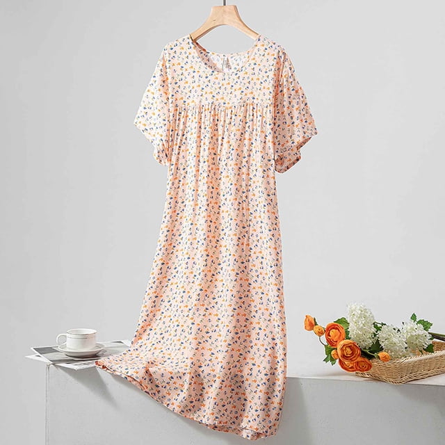 LSLJS Chemises de Nuit Longues à Manches Courtes et Col Rond pour Femmes, Robe de Pyjama Confort d'Été