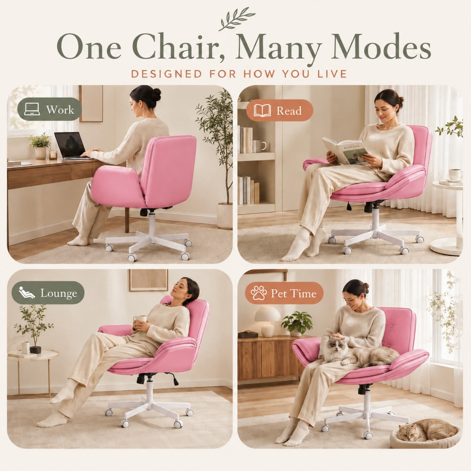 Easy4Home Criss Cross Office Chair with Wheels and Adjustable Armrests, Wide Seat PU Leather Swivel Computer Desk Chair, Pink