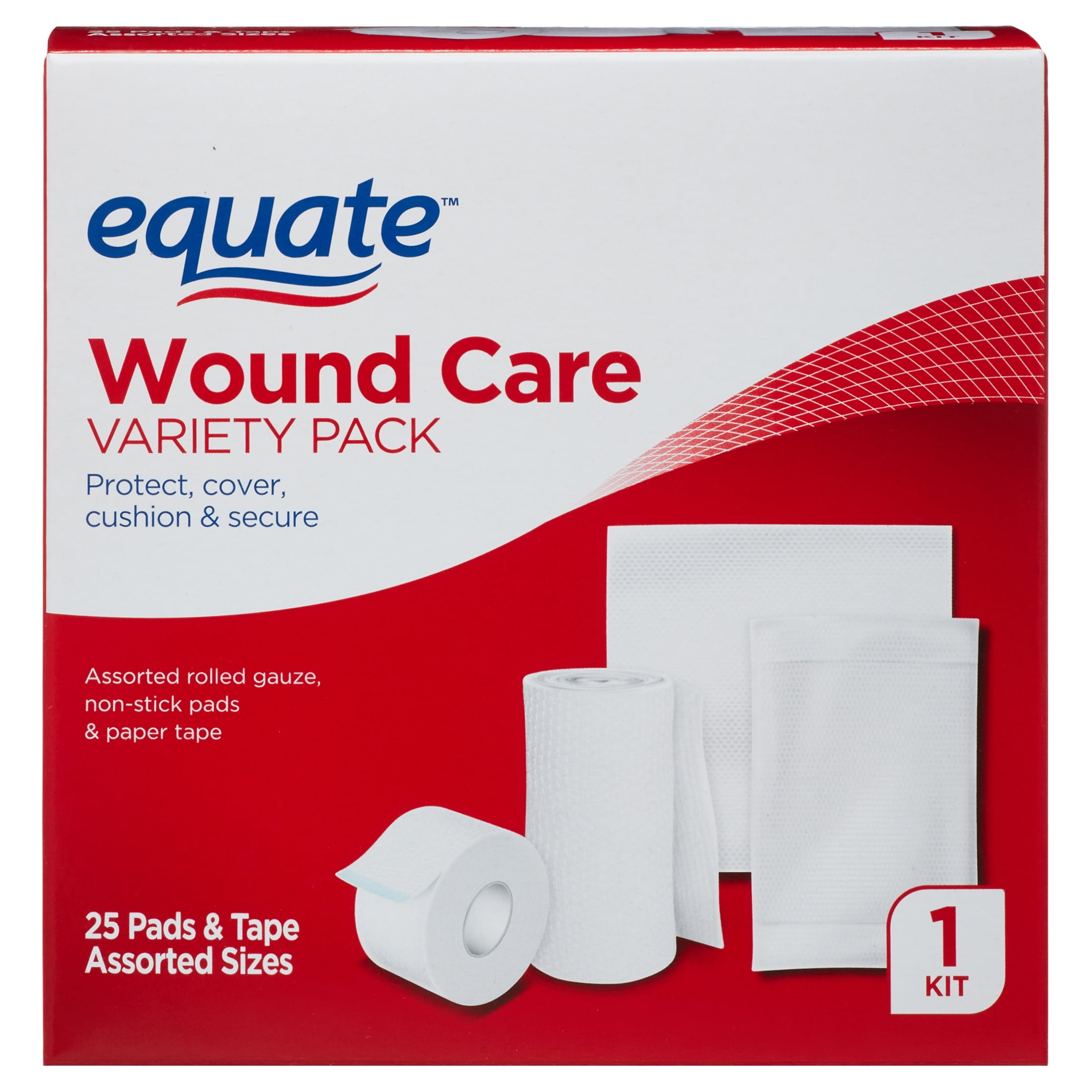 Equate Wound Care Kit Variety Pack, 25 Pads & Tape, Assorted Sizes