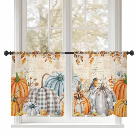 Fall Sheer Curtains 45 inches Long, Pumpkin Thanksgiving Sunflower Maple Leaf Vintage Light Filtering Sheer Window Curtains Rod Pocket Voile Drapes for Bedroom Living Room, 52"W x 45"L 2 Panels