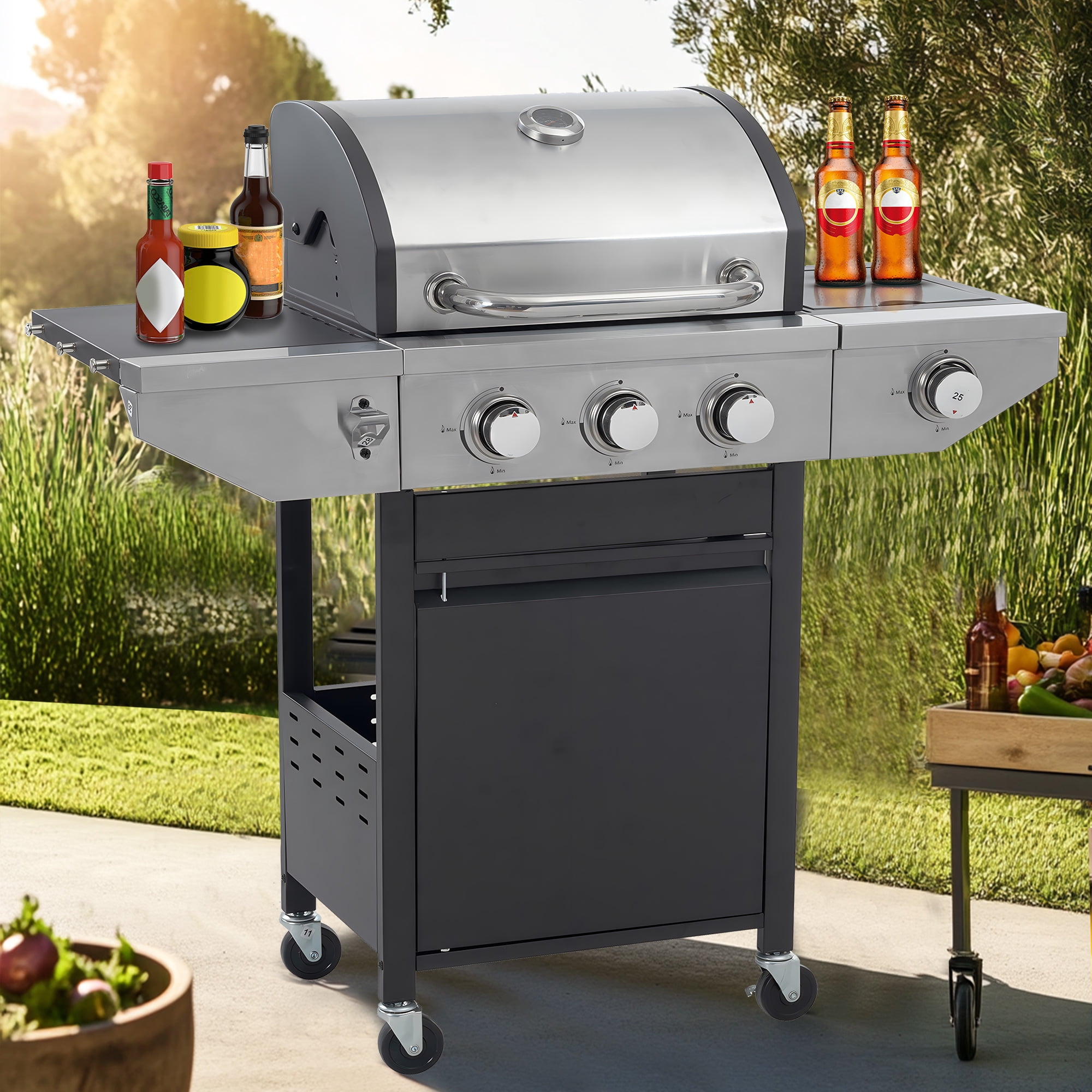 Seizeen Propane Gas Grill, 3 Burners BBQ Grill with Side Burner, Outdoor Camping Grill 430 Stainless Steel, 37150BTU, One-button Ignition System, Thermometer, 4 Wheels