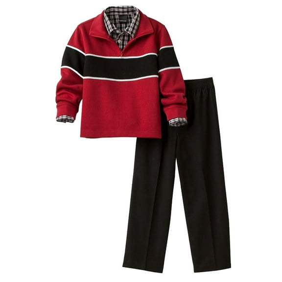 Van Heusen Boys 3-Piece Outfit Red Sweater Plaid Shirt & Black Pants 4