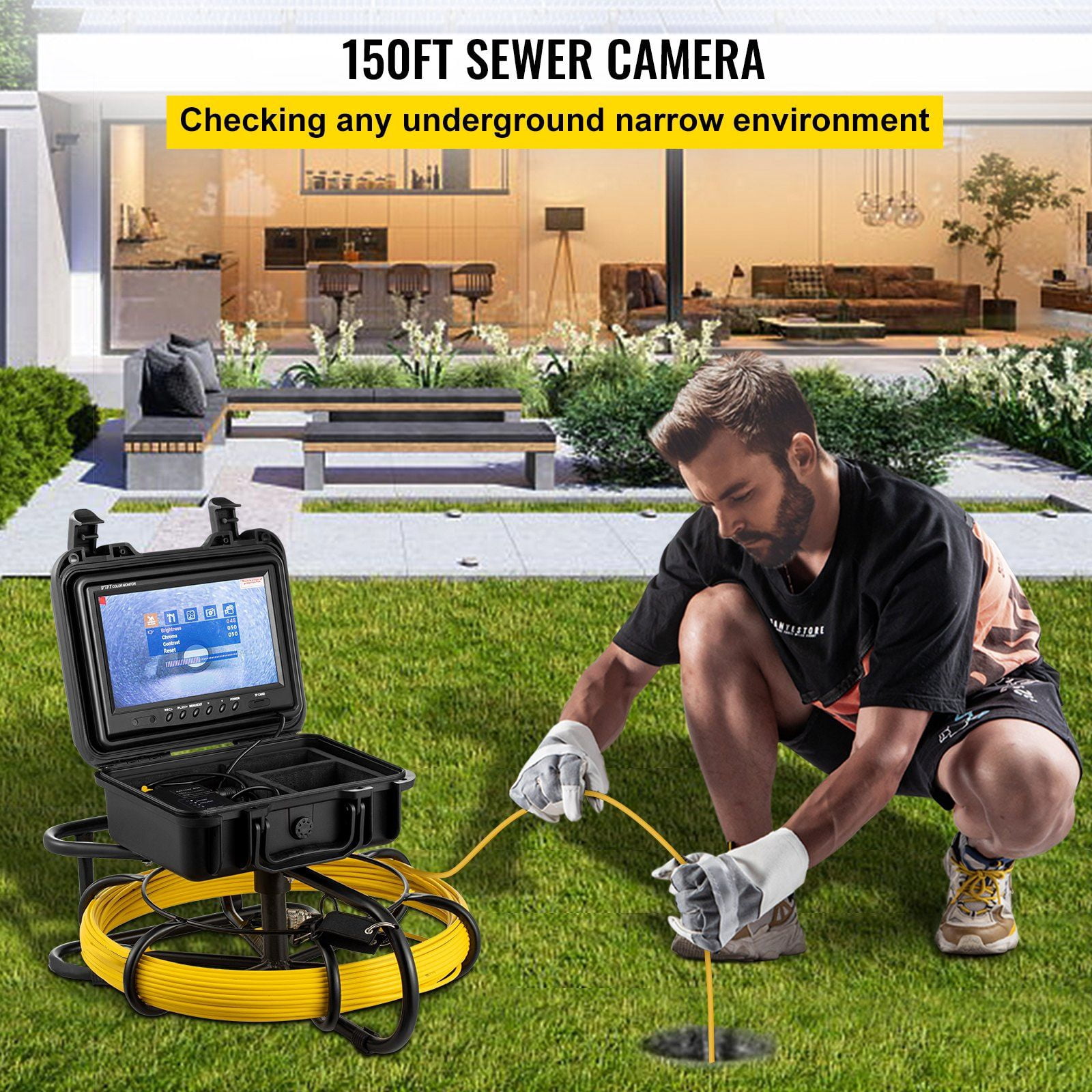 150FT Sewer Inspection Camera with 9" LCD Screen, DVR & 8GB SD Card, IP68 Waterproof Borescope w/LED Lights for Drain Pipe Plumbing, Wall Duct - Industrial Endoscope