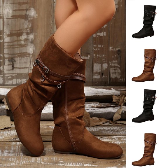 Womens Ruched Faux Suede Mid Calf Boots, Chain‑Decorated Adjustable Buckle Strap Low Heel Boots, Easy Side Zip Footwear