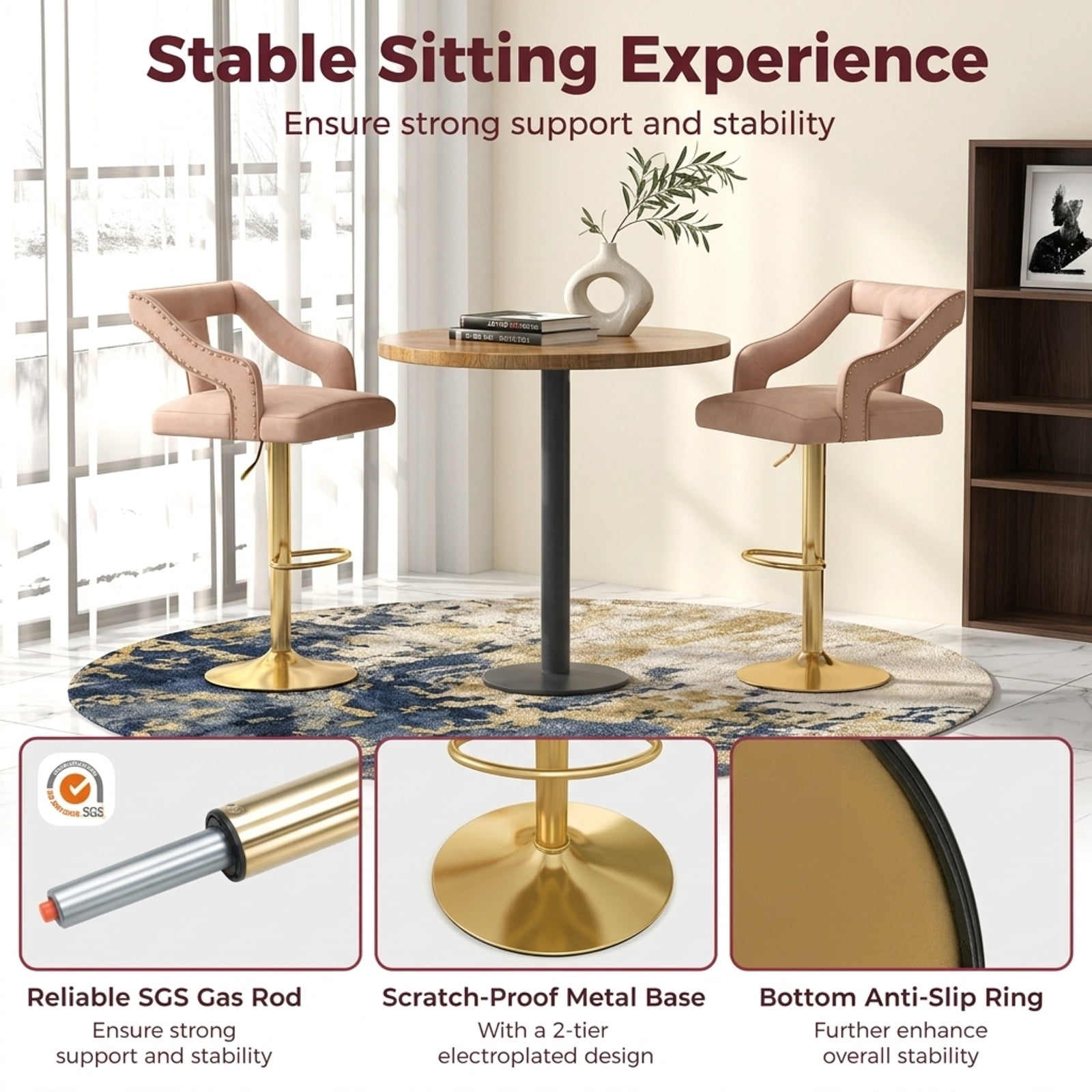 Furnibear Set of 2 Bar Chairs with Footrest and 2-Layer Electroplated Metal Base for Kitchen Island Counter Bar Pub Dining Home, Pink