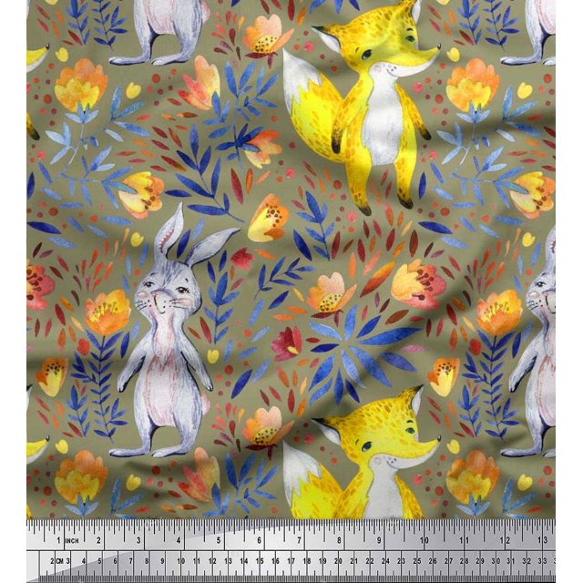 Soimoi Silk Fabric Fox & Bunny Kids Decor Fabric Printed Yard 42 Inch Wide