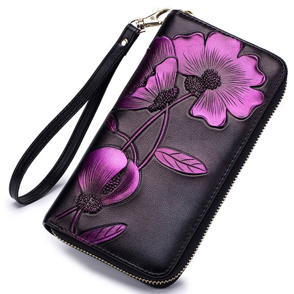 FUNING Women's RFID Block Leather Floral Zip Around Cell Phone Clutch Wallet