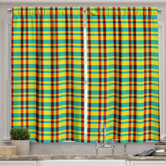 Ambesonne Fashion Kitchen Curtains, Retro Colorful Lines Art, 55"x24", Yellow and Dark Seafoam