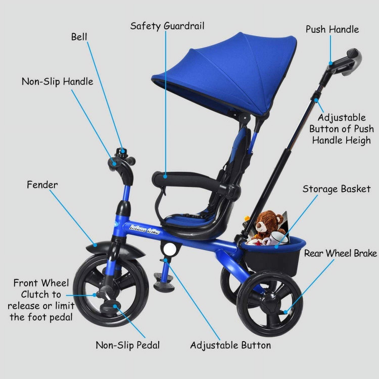 Barara King Travel Stroller,Baby Wagon,4-in-1 Kids Tricycle with Adjustable Push Handle-Blue