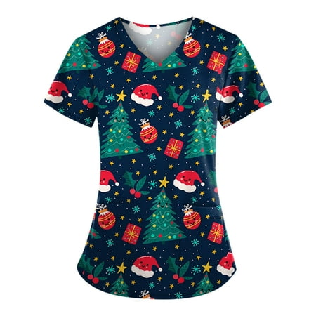 

Odeerbi Womens Christmas Scrub Tops Trendy Printing Short Sleeve V-Neck Working Uniform With Pocket Navy